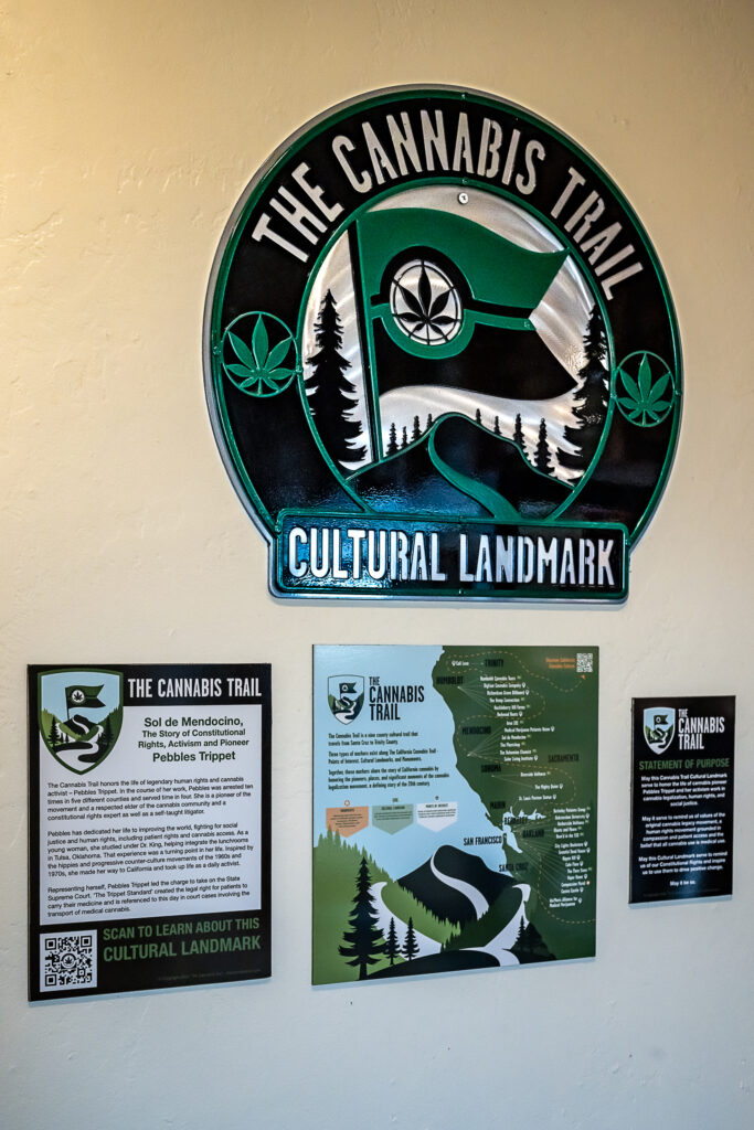 The Cannabis Trail Cultural Landmark signs honoring Pebbles at Sol de Mendocino.