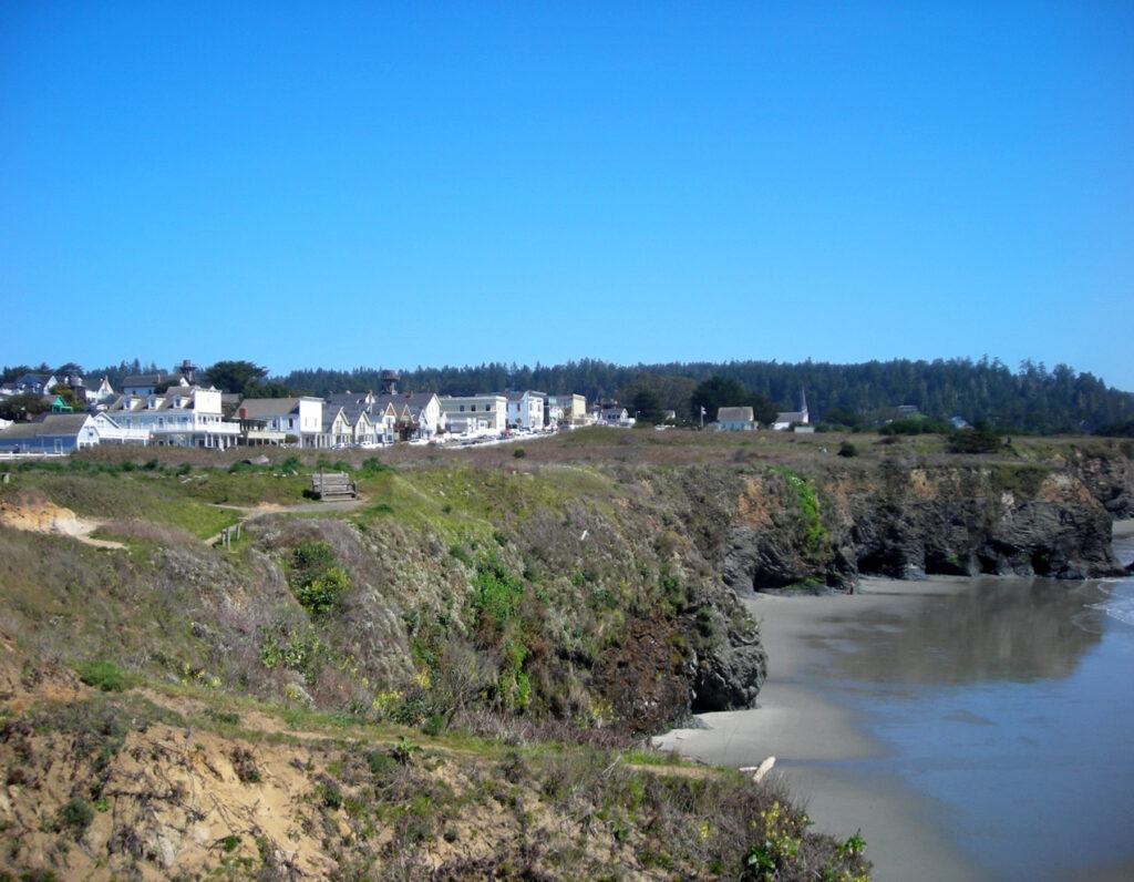 A view of Main Street of Mendocino from the Headlands. 